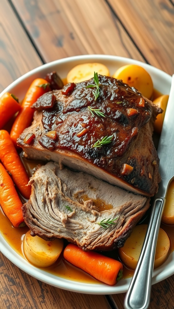 A hearty pork pot roast with vegetables in gravy, garnished with herbs, on a rustic table.